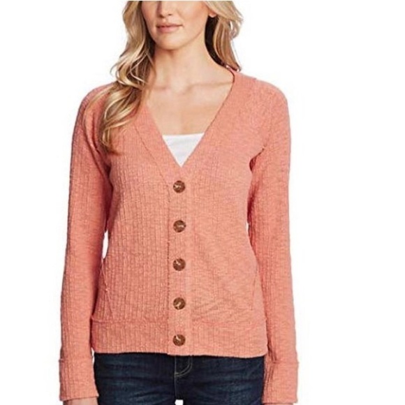 TWO by Vince Camuto Textured Knit V-Neck Button Peach Cardigan - Picture 1 of 10